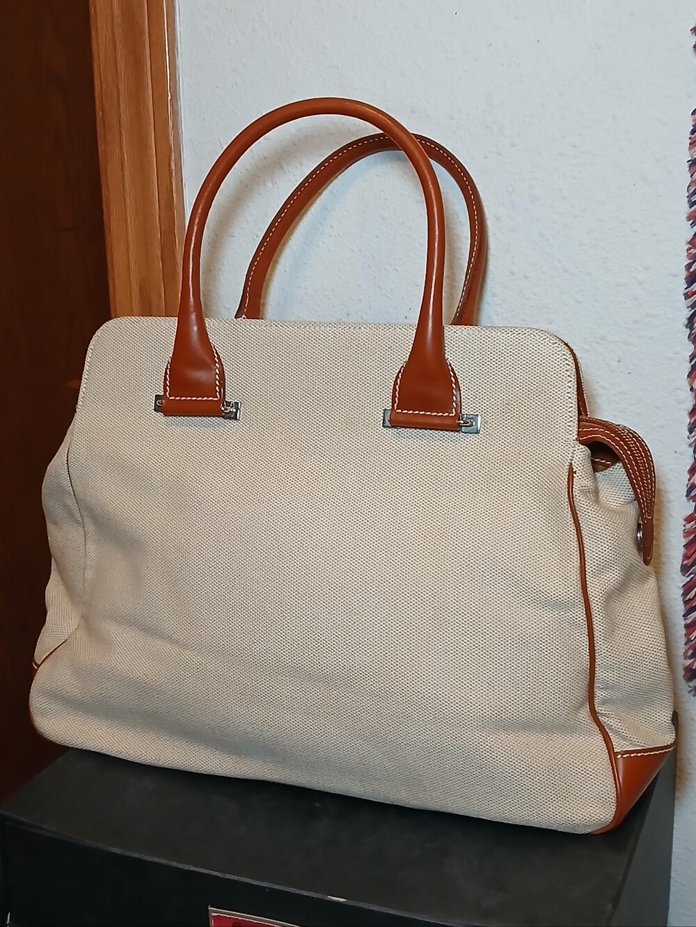 Lambertson Truex Made in Italy Beige Canvas Brown Leather Satchel Handbag